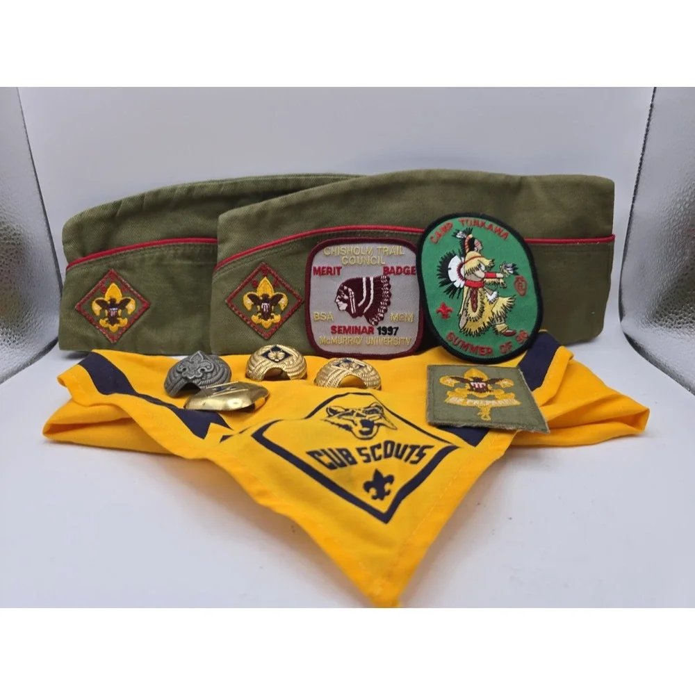 VTG Boy Scouts Lot – Hats with Patches, Cub Scouts & Neckerchiefs
